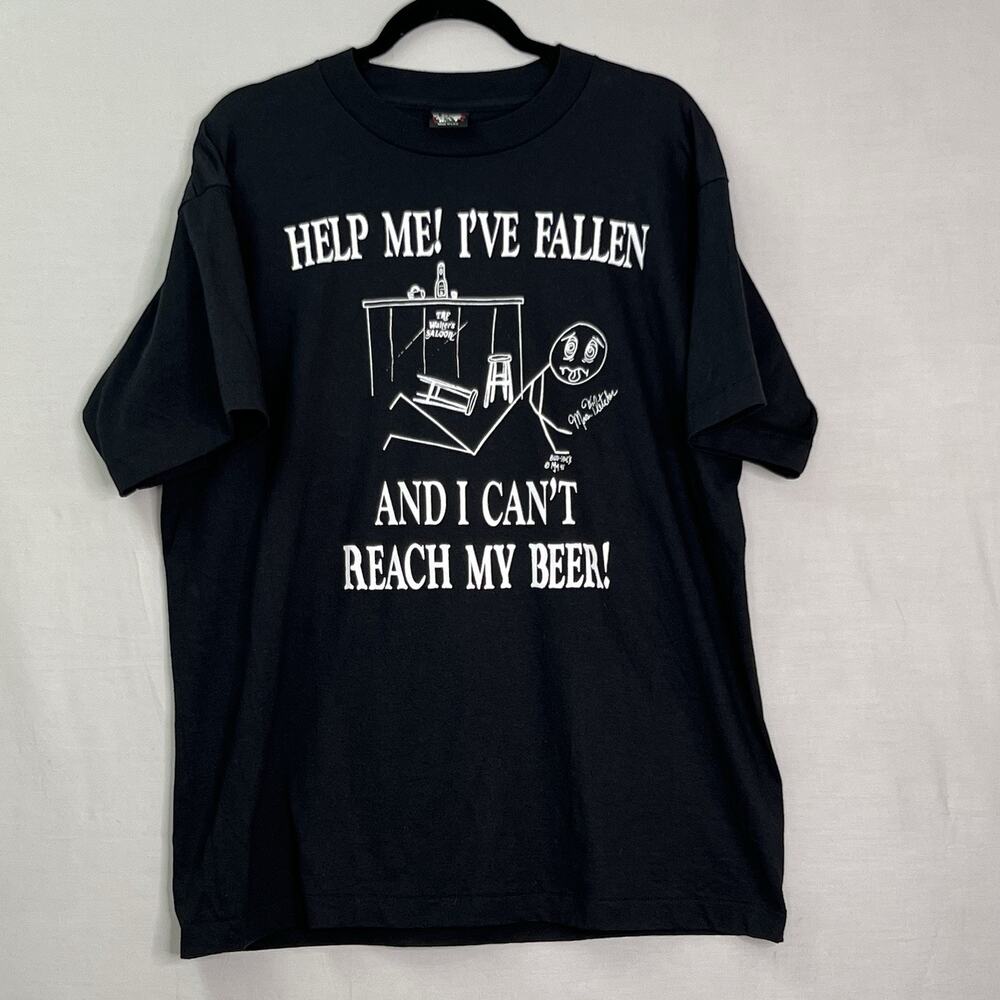Vtg T Shirt Help Me Ive Fallen and I Cant Reach My Beer Mens XL Single Stitch‎